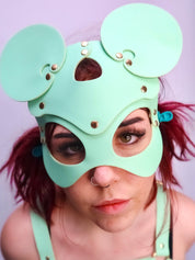 Female model wearing our Minty Bonnie Mouse Mask with our Minty Cooper Chest Harness.