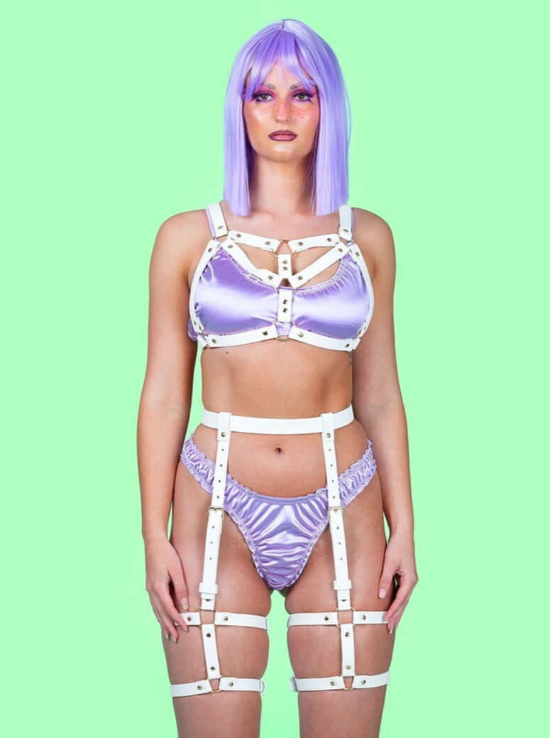 lust_maddy_white_Faux corn peel Vegan Leather_festival_leg body harness_Lolli Wraps_Australia